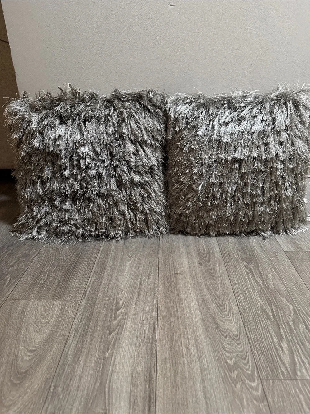 2 Shaggy Faux Fur Throw Pillows - Silver Gray Pair